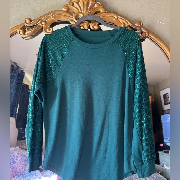Emerald Green Sequin Sleeve Top - Picture 1 of 5